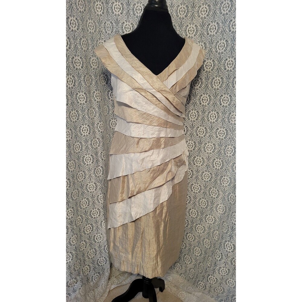 London Style Collection Champagne Gold Tiered Ruffle Shutter Pleat Dress Size 12